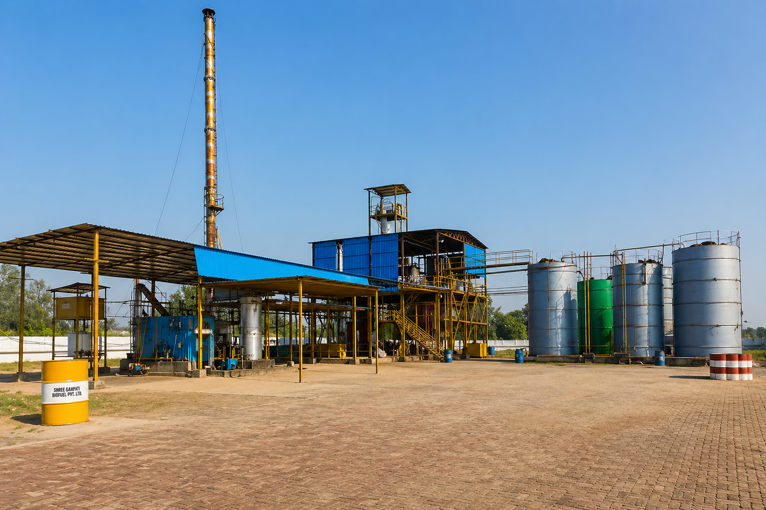 Industrial facility with storage tanks and machinery