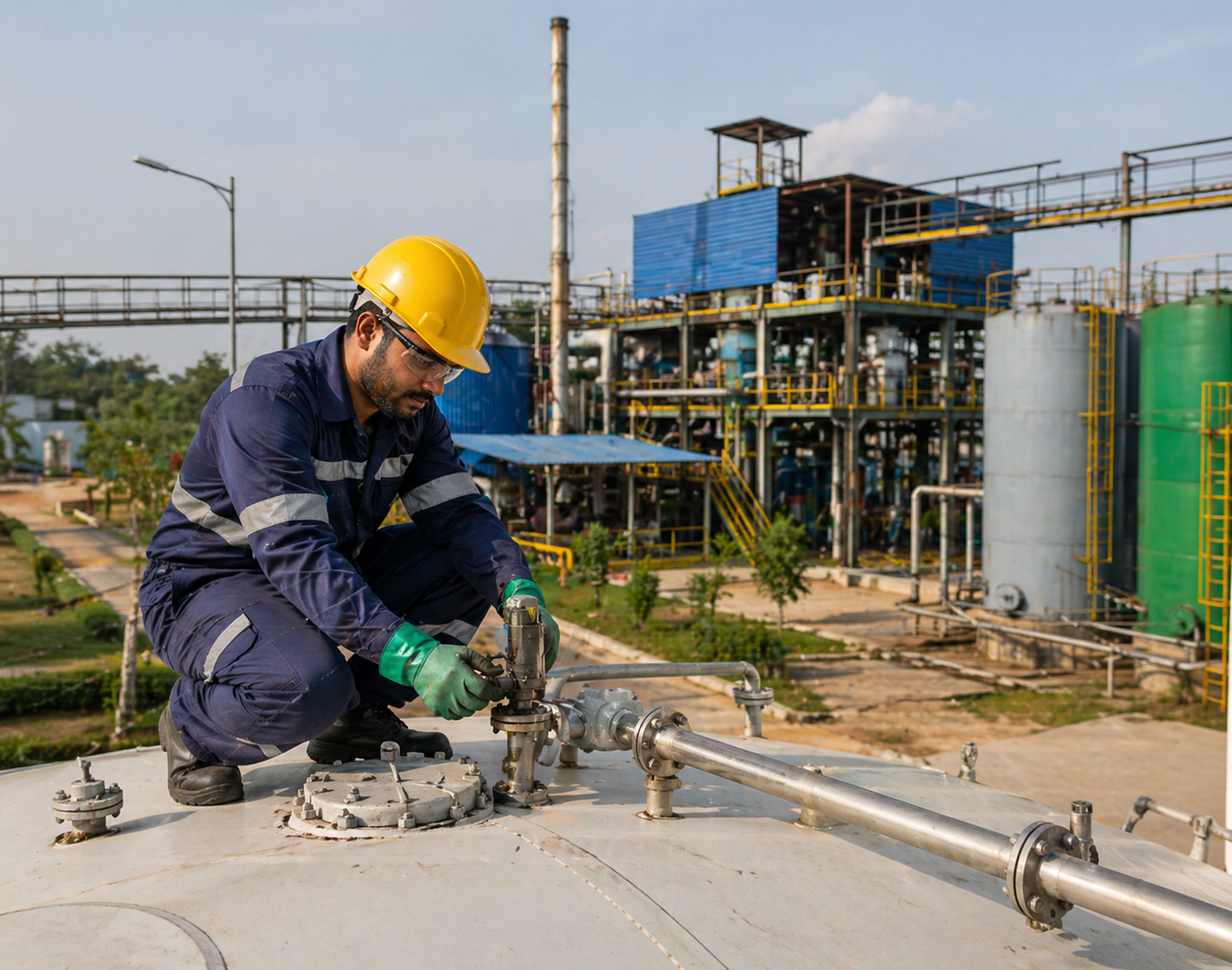 Industrial worker adjusting equipment on tank