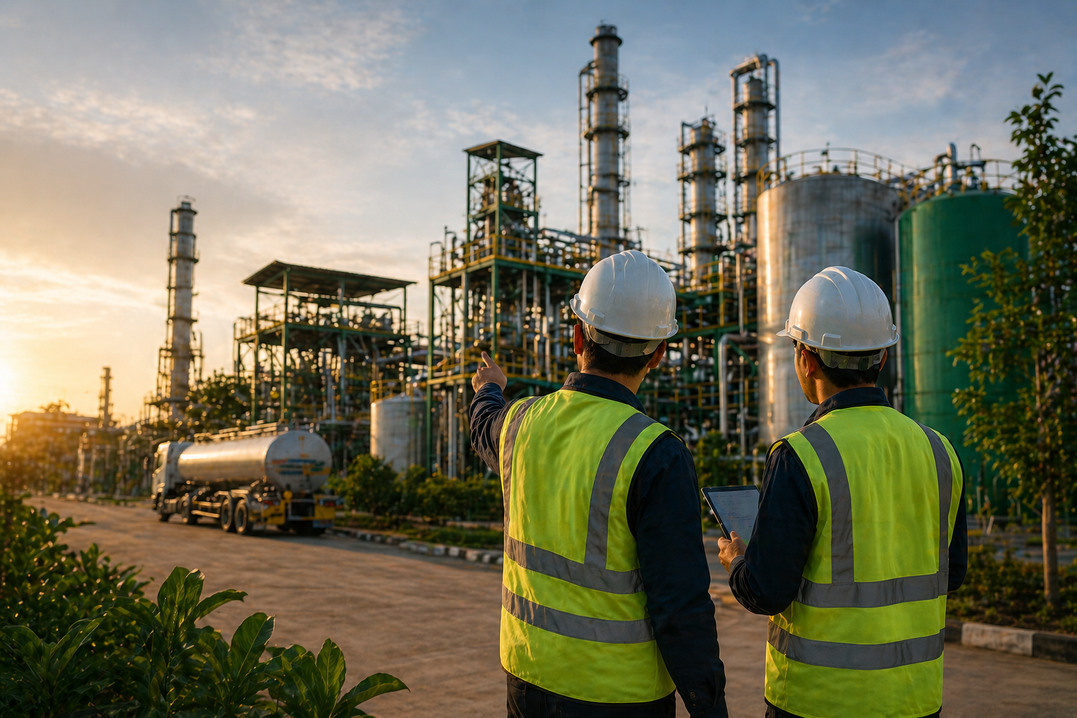 Workers inspecting biorefinery at sunset